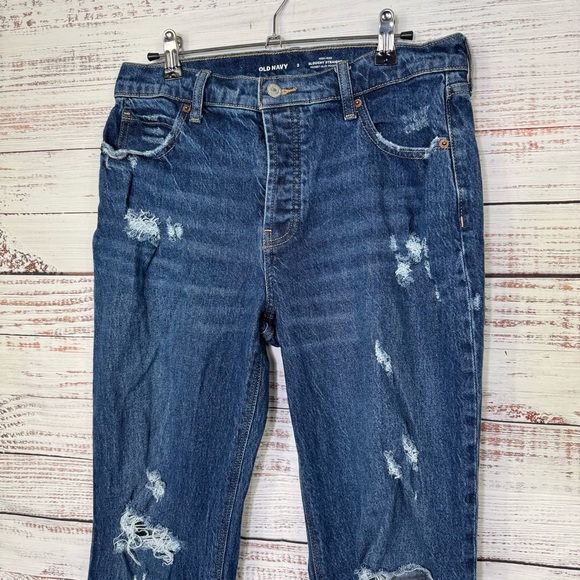 Old Navy Jeans slouchy raw hem size 2 Dark Blue Distressed Straight Leg Jeans - Picture 2 of 10